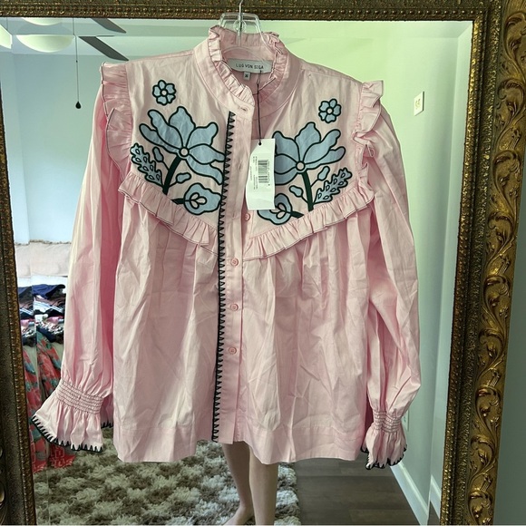 NWT lug von siga GARDENIA TOP ruffle collar preppy pink floral - Picture 3 of 8